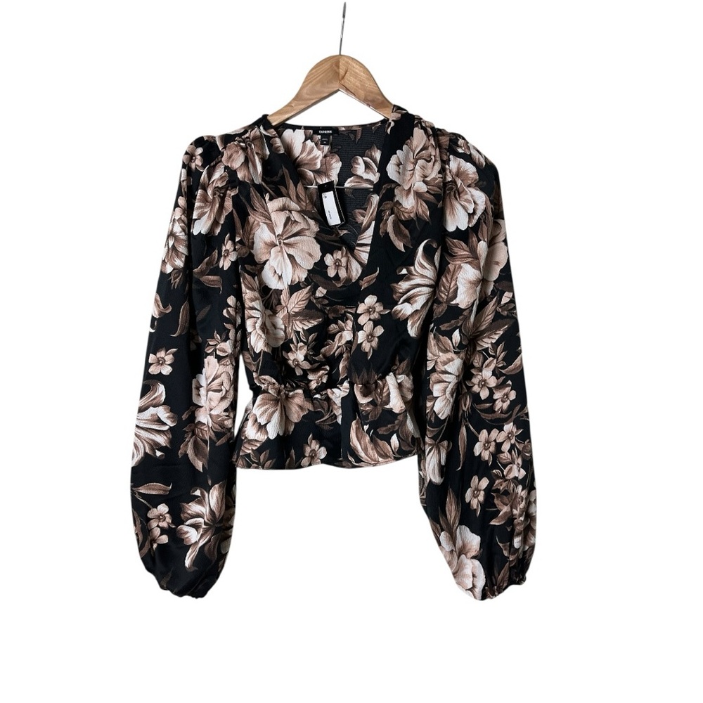 Express Black Floral Long Sleeve V-Neck Blouse